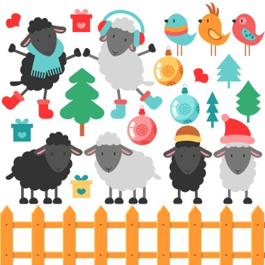 Cute sheep and christmas elements clipart
