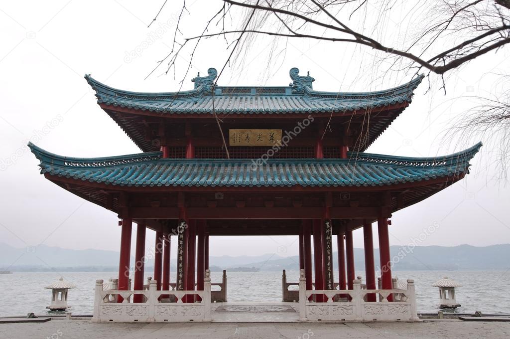 Traditional Chinese pavilion on the shore of West Lake, Hangzhou