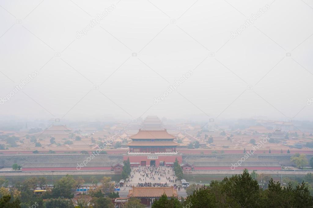 View of the Forbidden City shrouded in pollution from Jingshan Park, Beijing