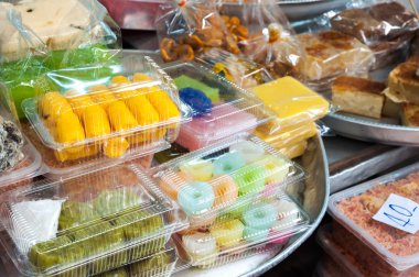 Collection of Thai desserts and sweets at a Bangkok market