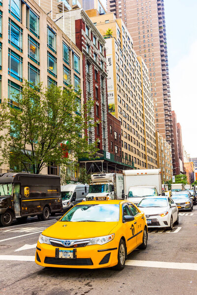 NEW YORK, USA - September 24, 2018: Popular Manhattan Streets view with skyscrapers. Always a crowded location in New York City. USA.