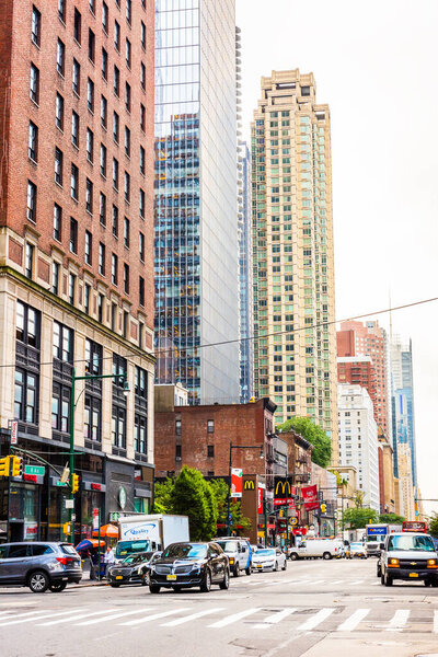 NEW YORK, USA - September 24, 2018: Popular Manhattan Streets view with skyscrapers. Always a crowded location in New York City. USA.