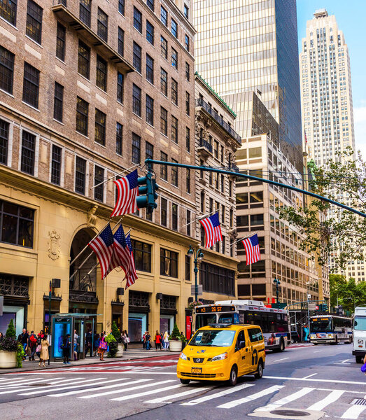 NEW YORK, USA - September 23, 2018: FIFTH AVENUE (5th Ave) is the most famous street of New York. 5th AVE is best known as an unrivaled shopping street. Manhattan, New York City, USA.