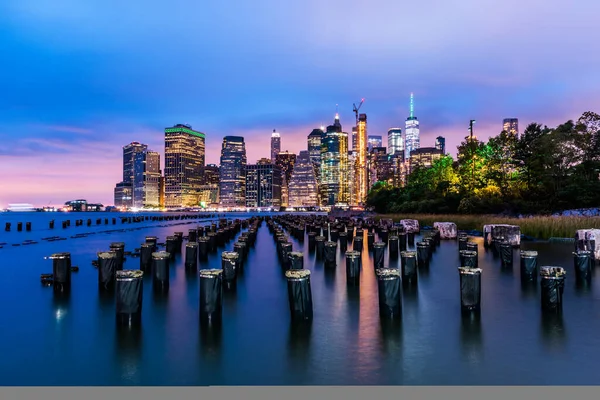 Manhattan Panoramic Skyline Night Brooklyn Bridge Park New York City — Stock Photo, Image