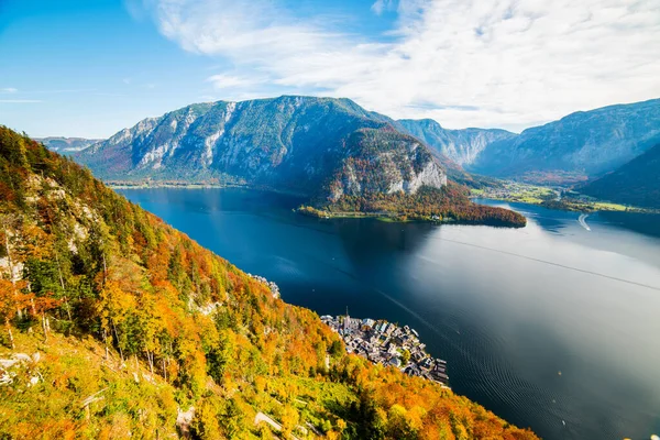 Hallstatt Légi Felvétel Skywalkból Csodálatos Őszi Kilátás Skywalk Világörökség Része — Stock Fotó