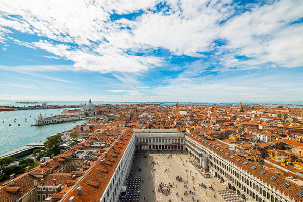 VENICE, ITALY - SEPTEMBER 23, 2019: Aerial view of VENICE. Beautiful Venice view with blue cloudy sky. Venice, Italy.