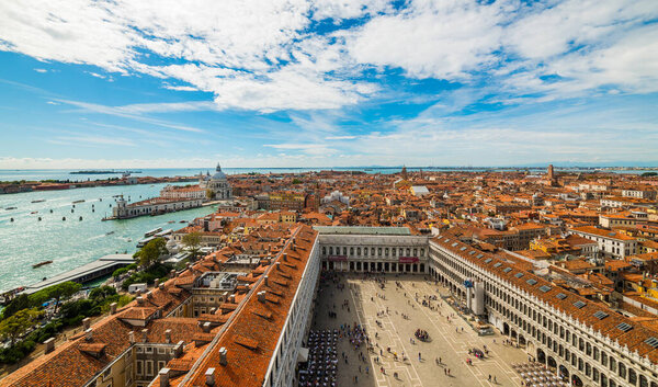 VENICE, ITALY - SEPTEMBER 23, 2019: Aerial view of VENICE. Beautiful Venice view with blue cloudy sky. Venice, Italy.