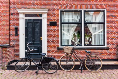 Tipik Hollanda köyü yeşil evleri ön cephe ve bisiklet.