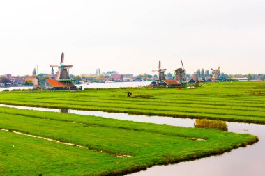 ZAANSE SCHANS, NETHERLANDS - 25 Eylül 2017 ZAANSE SANS VILLAGE. Zaanse Schans, Hollanda 'nın Amsterdam kentinde yer alan küçük bir köydür..