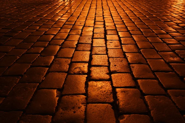 Cobblestones Com Luzes Nocturnas Textura Pedra — Fotografia de Stock