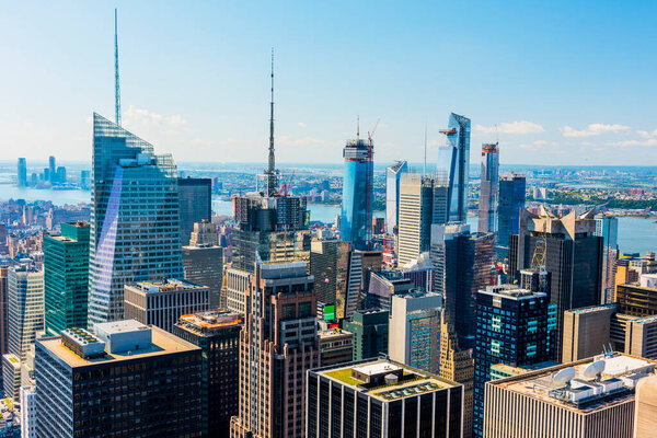 MANHATTAN, NEW YORK CITY. Manhattan skyline and skyscrapers aerial view. New York City, USA