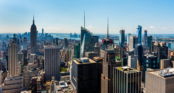 NEW YORK, USA - September 24, 2018: MANHATTAN, NEW YORK CITY. Manhattan skyline and skyscrapers aerial view. New York City, USA