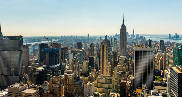 NEW YORK, USA - September 24, 2018: MANHATTAN, NEW YORK CITY. Manhattan skyline and skyscrapers aerial view. New York City, USA.