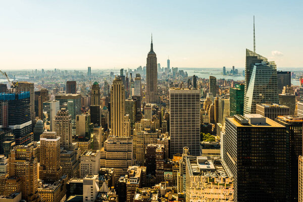 NEW YORK, USA - September 24, 2018: MANHATTAN, NEW YORK CITY. Manhattan skyline and skyscrapers aerial view. New York City, USA