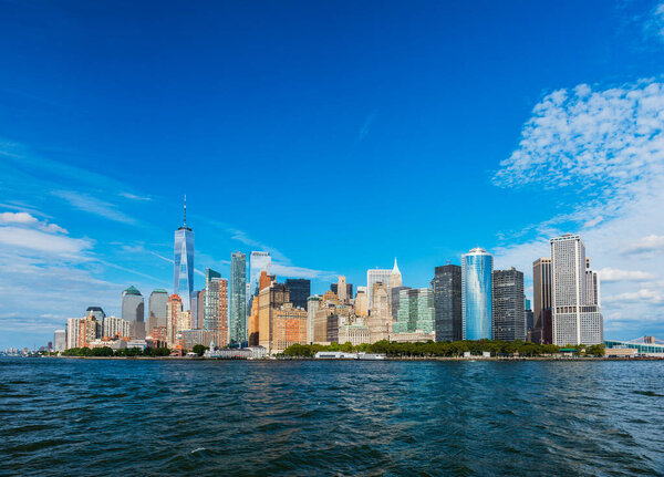 Manhattan panoramic skyline. New York City, USA. Office buildings and skyscrapers at Lower Manhattan (Downtown Manhattan).