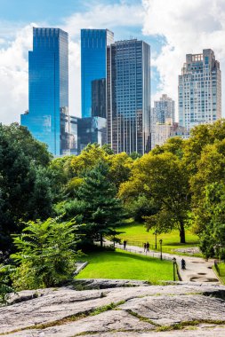 NEW YORK, ABD - 26 Eylül 2018: CENTRAL PARK. Manhattan 'da gökdelenleri olan Central Park manzarası. Turistler için popüler bir yer. New York City, ABD.