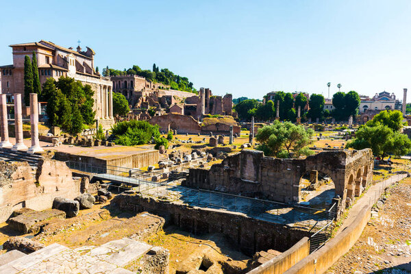 The ancient Roman Forum in Rome, Italy. Roman Forum was ancient Rome's showpiece centre and a grandiose district of temples.