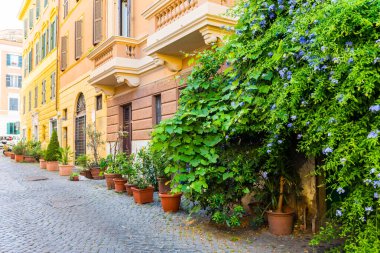 Trastevere 'deki güzel eski cadde. Roma, İtalya. Trastevere, Roma 'nın güzel eski mahallelerinden biri. Trastevere, Roma 'nın Tiber nehri boyunca romantik bir bölgesidir..