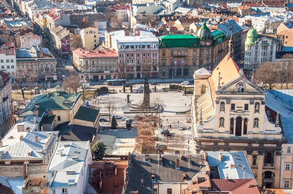 LVIV, UKRAINE - FEBRUARY 6, 2016: View of city center from Lviv Town Hall. Historical old city landscape.