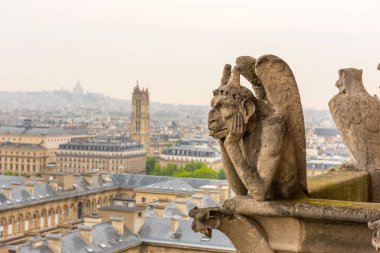 PARIS, FRANCE - 8 Mayıs 2017: Paris manzaralı Notre Dame de Paris Katedrali 'nde Gargoyle. Fransa.