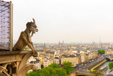 PARIS, FRANCE - 8 Mayıs 2017: Paris manzaralı Notre Dame de Paris Katedrali 'nde Gargoyle. Fransa.
