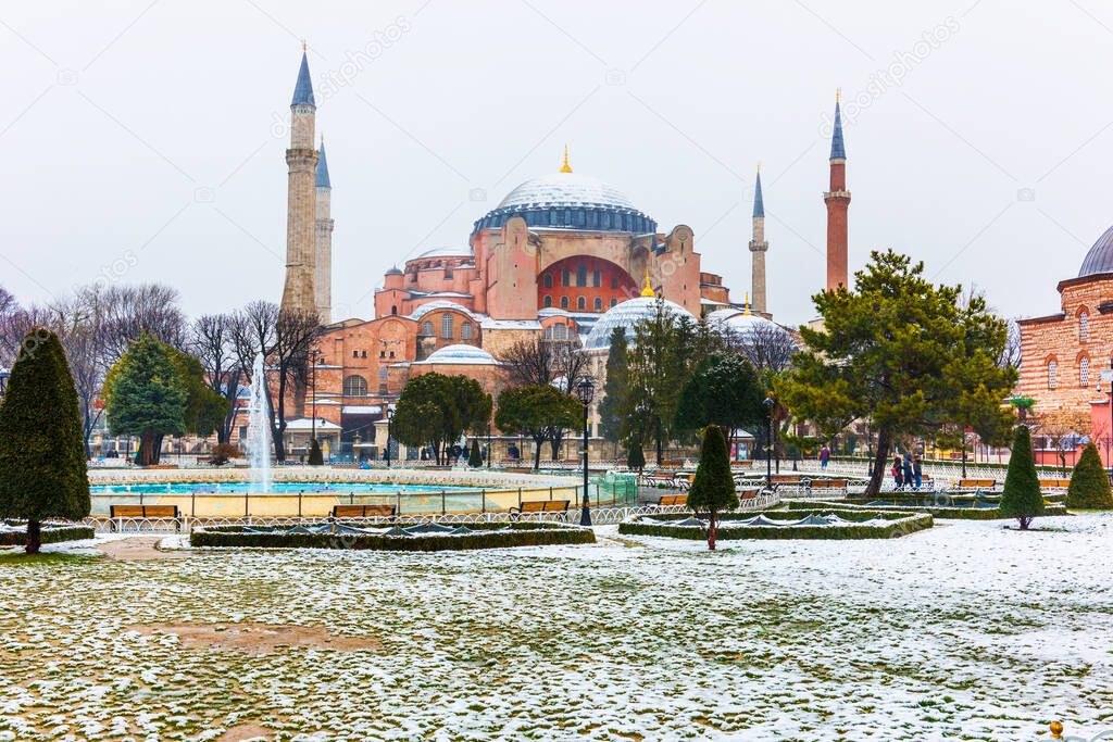 Snowy day in Sultanahmet Square. View of HAGIA SOPHIA. Istanbul, Turkey.