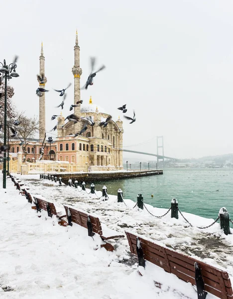 Schneetag Ortakoy Istanbul Türkei Blick Auf Ortakoy Moschee Und Bosporus — Stockfoto
