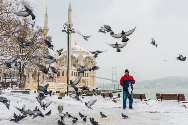 Istanbul Turkey 2017年1月8日 トルコのイスタンブール Ortakoyで雪の日 オルタコイモスクとボスポラス橋の眺め — ストック写真
