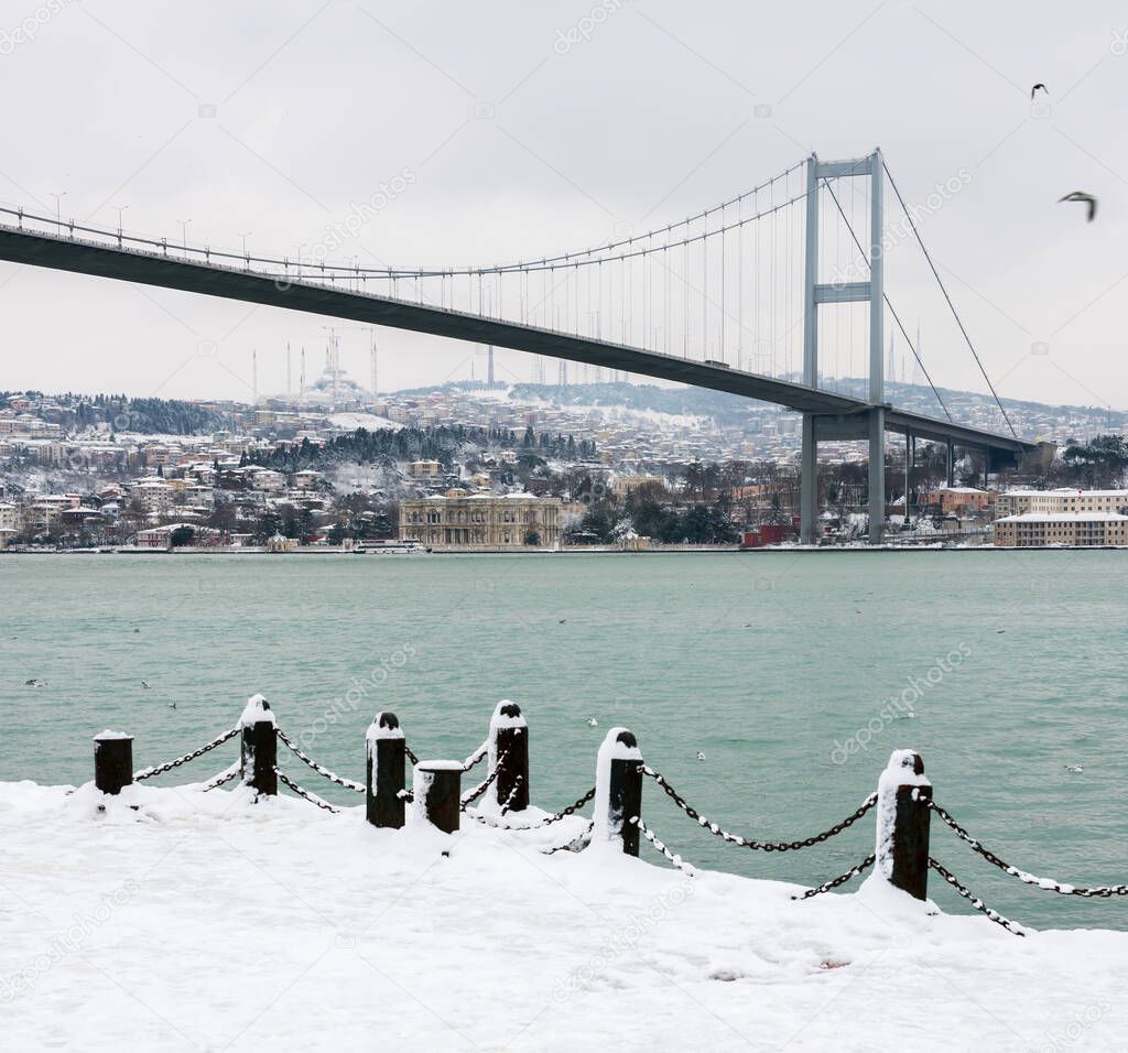 Snowy day in Ortakoy, Istanbul, Turkey. View of Ortakoy Mosque and Bosphorus Bridge.