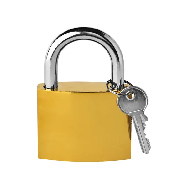 Padlock Com Chave Cadeado Metálico Amarelo Fundo Branco Caminho Recorte — Fotografia de Stock