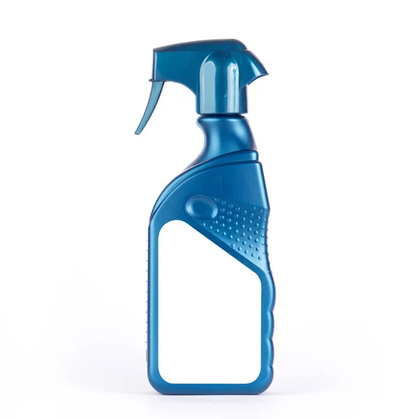 Σπρέι Πιστόλι Πλαστικό Μπουκάλι Μπλε Πλαστικό Μπουκάλι Mockup Λευκή Ετικέτα — Φωτογραφία Αρχείου