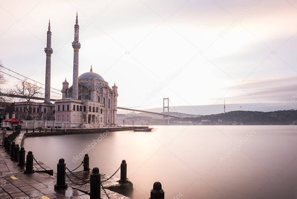 ISTANBUL, TURKEY. Beautiful Istanbul sunrise landscape with colored clouds. Istanbul Bosphorus Bridge (15 July Martyrs Bridge. Turkish: 15 Temmuz Sehitler Koprusu).