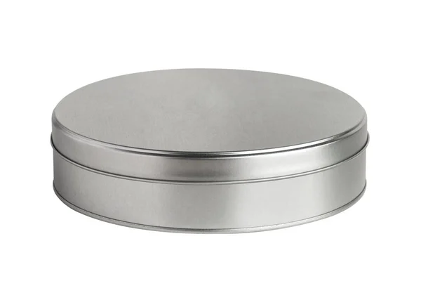 金属盒金属圆罐 有盖子 白色背景的圆形金属盒 收割路径 — 图库照片