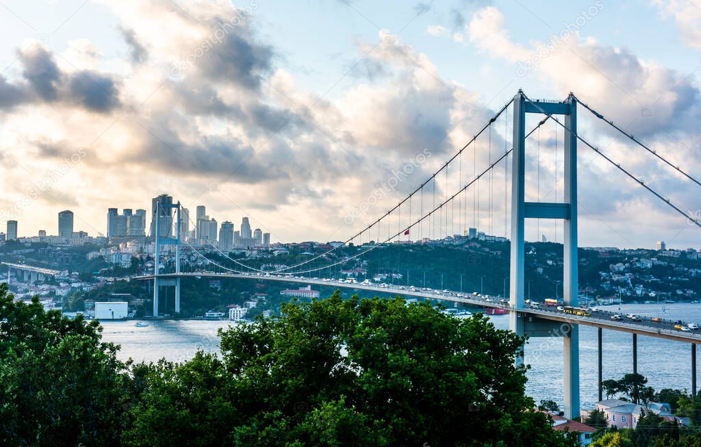 ISTANBUL, TURKEY. Panoramic view of Istanbul Bosphorus on sunset. Istanbul Bosphorus Bridge (15 July Martyrs Bridge. Turkish: 15 Temmuz Sehitler Koprusu). Beautiful cloudy blue sky
