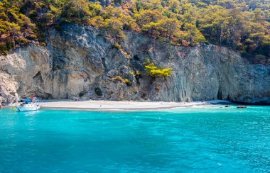 Oludeniz 'deki Deve Plaji (Türkçe: Deve Plaji) deve kumsalı. Fethiye, Mugla, Türkiye. Sadece denizden sahile kadar ulaşılabilir. Kumsal turistik teknelerle doludur..