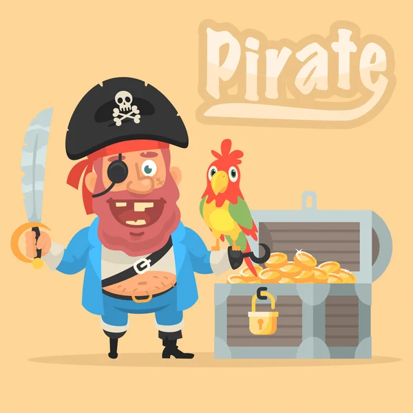 Pirate with parrot and chest with gold — Stock Vector