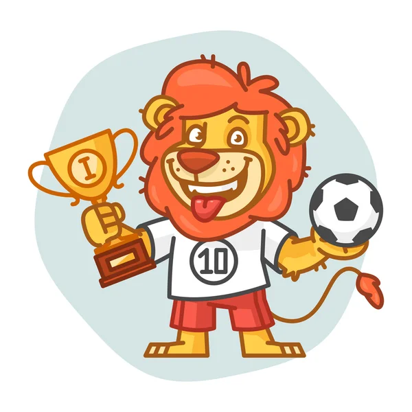 León sostiene balón y copa de fútbol — Vector de stock