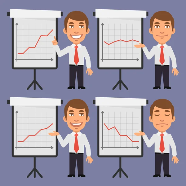 Businessman Points on Flip Chart with Graphs — Stock Vector