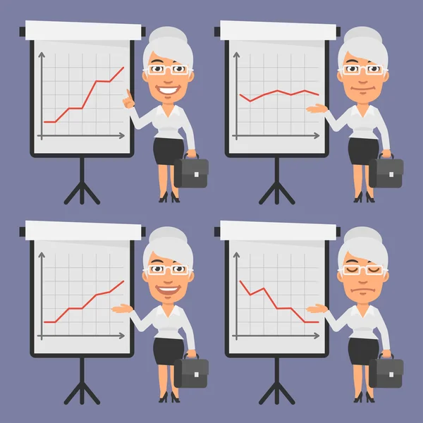 Old Businesswoman Puntos en el rotafolio — Vector de stock