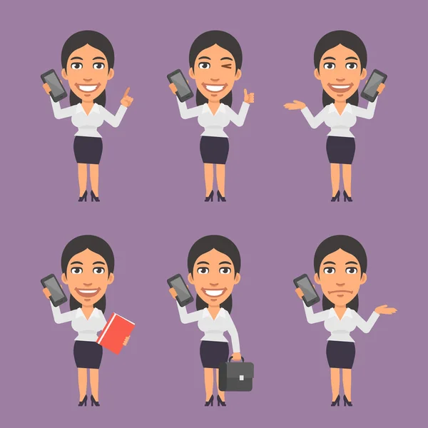 Businesswoman Holding Mobile Phone in Different Versions — Stock Vector