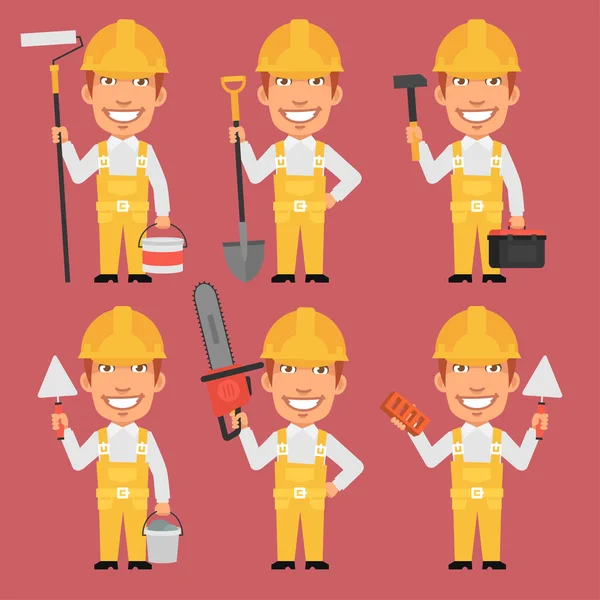 Builder Holds Different Tools — Stock Vector