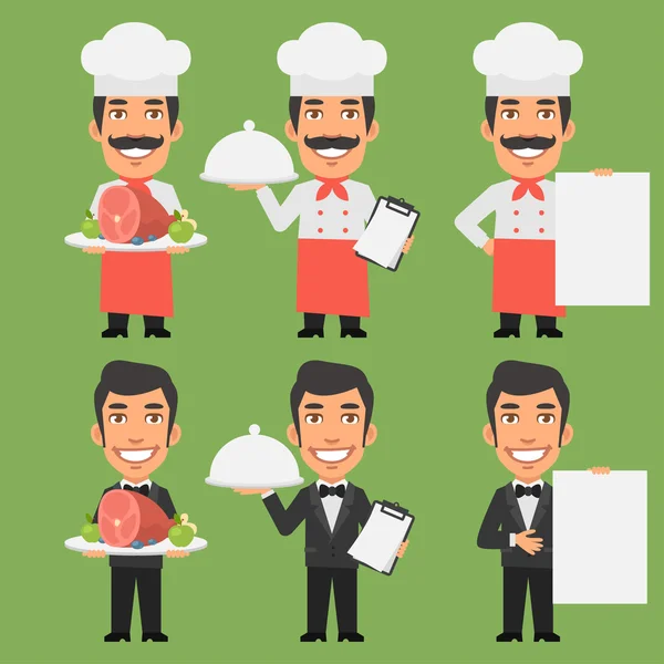 Chef y camarero sosteniendo papel de bandeja de carne — Vector de stock