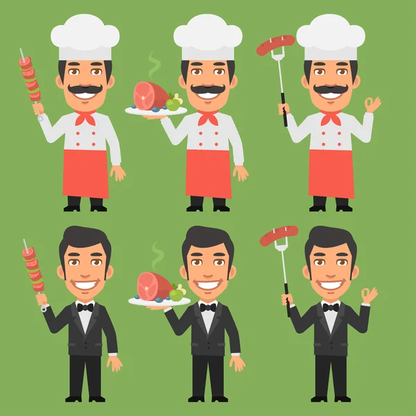 Chef y camarero sosteniendo platos de carne — Vector de stock