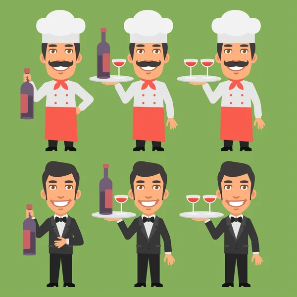 Chef y camarero sosteniendo botella de vino — Vector de stock