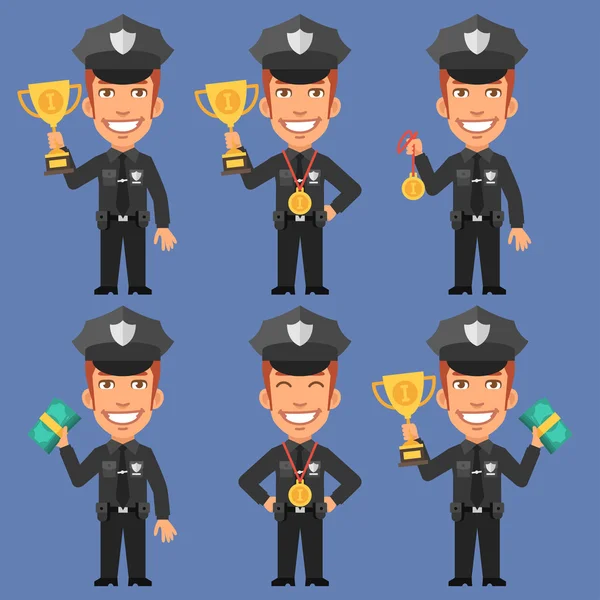 Policeman Holds Cup Medal and Money — Stock Vector