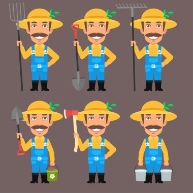 Çiftçi dirgen komisyon kova kürek balta tutar