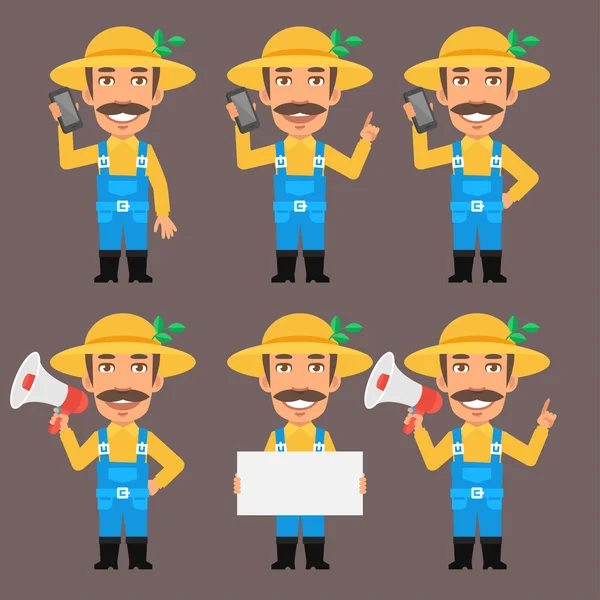 Farmer sostiene el teléfono Megáfono de papel — Vector de stock