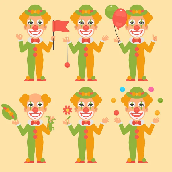 Clown Holding Balloons Flowers Flag — Stock Vector