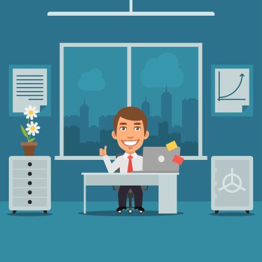 Ofiste oturan ve başparmak gösterilen işadamı