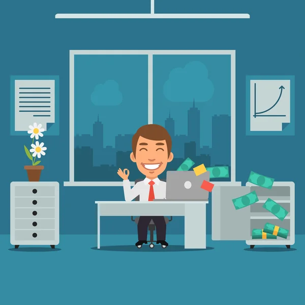 Ofiste oturan işadamı ve parasal kazanç sevinir — Stok Vektör